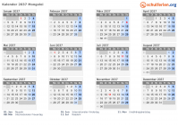 Kalender 2037 mit Ferien und Feiertagen Mongolei