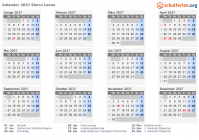 Kalender 2037 mit Ferien und Feiertagen Sierra Leone