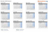 Kalender 2038 mit Ferien und Feiertagen Andorra
