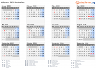 Kalender 2038 mit Ferien und Feiertagen Australien