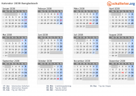 Kalender 2038 mit Ferien und Feiertagen Bangladesch
