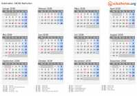 Kalender 2038 mit Ferien und Feiertagen Bolivien