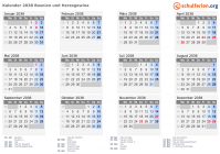 Kalender 2038 mit Ferien und Feiertagen Bosnien und Herzegowina
