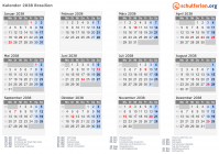 Kalender 2038 mit Ferien und Feiertagen Brasilien