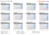 Kalender 2038 mit Ferien und Feiertagen Dänemark