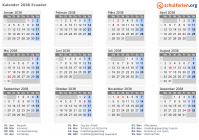 Kalender 2038 mit Ferien und Feiertagen Ecuador