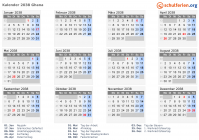 Kalender 2038 mit Ferien und Feiertagen Ghana