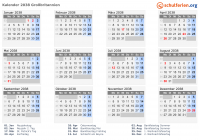 Kalender 2038 mit Ferien und Feiertagen Großbritannien