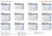 Kalender 2038 mit Ferien und Feiertagen Guyana
