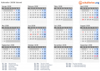 Kalender 2038 mit Ferien und Feiertagen Island