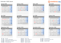 Kalender 2038 mit Ferien und Feiertagen Japan