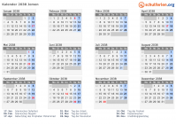 Kalender 2038 mit Ferien und Feiertagen Jemen