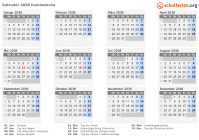 Kalender 2038 mit Ferien und Feiertagen Kambodscha