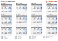 Kalender 2038 mit Ferien und Feiertagen Kolumbien