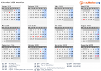 Kalender 2038 mit Ferien und Feiertagen Kroatien
