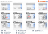 Kalender 2038 mit Ferien und Feiertagen Montenegro