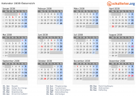 Kalender 2038 mit Ferien und Feiertagen Österreich