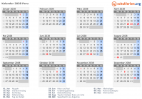 Kalender 2038 mit Ferien und Feiertagen Peru