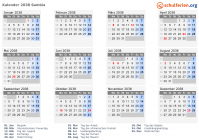 Kalender 2038 mit Ferien und Feiertagen Sambia