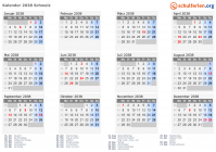 Kalender 2038 mit Ferien und Feiertagen Schweiz