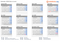 Kalender 2038 mit Ferien und Feiertagen Sierra Leone