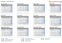 Kalender 2038 mit Ferien und Feiertagen Syrien