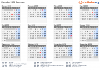 Kalender 2038 mit Ferien und Feiertagen Tunesien