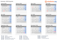 Kalender 2038 mit Ferien und Feiertagen Uganda