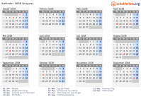 Kalender 2038 mit Ferien und Feiertagen Uruguay