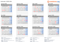 Kalender 2038 mit Ferien und Feiertagen USA