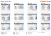 Kalender 2038 mit Ferien und Feiertagen Zypern