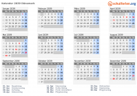 Kalender 2039 mit Ferien und Feiertagen Dänemark