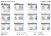 Kalender 2039 mit Ferien und Feiertagen Großbritannien