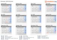 Kalender 2039 mit Ferien und Feiertagen Guyana
