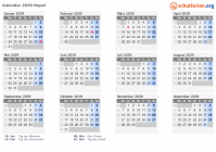 Kalender 2039 mit Ferien und Feiertagen Nepal