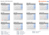 Kalender 2039 mit Ferien und Feiertagen Österreich