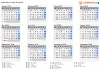 Kalender 2039 mit Ferien und Feiertagen Schweiz