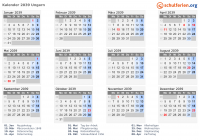 Kalender 2039 mit Ferien und Feiertagen Ungarn