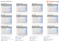 Kalender 2039 mit Ferien und Feiertagen USA