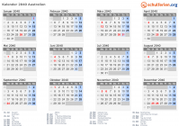 Kalender 2040 mit Ferien und Feiertagen Australien