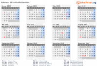 Kalender 2040 mit Ferien und Feiertagen Großbritannien