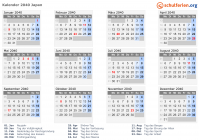 Kalender 2040 mit Ferien und Feiertagen Japan