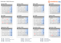 Kalender 2040 mit Ferien und Feiertagen Monaco