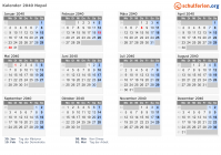 Kalender 2040 mit Ferien und Feiertagen Nepal