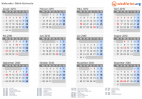 Kalender 2040 mit Ferien und Feiertagen Schweiz