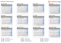 Kalender 2040 mit Ferien und Feiertagen Ungarn