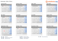 Kalender 2041 mit Ferien und Feiertagen China