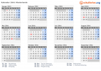 Kalender 2041 mit Ferien und Feiertagen Niederlande