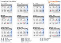 Kalender 2041 mit Ferien und Feiertagen Österreich