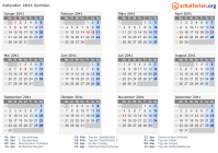 Kalender 2041 mit Ferien und Feiertagen Serbien